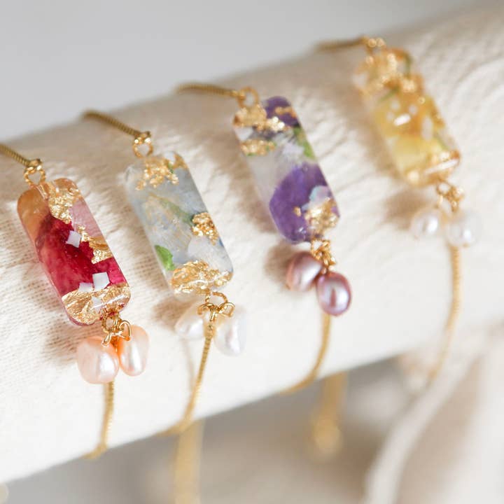 Sweetshop Jewelry - Vente Bracelets à breloques/pendentifs - Bracelet fleur séchée, feuille de fougère pressée Sakura, bracelet fleur pressée, bracelet rectangulaire, demoiselle d'honneur de mariage, Cottagecore