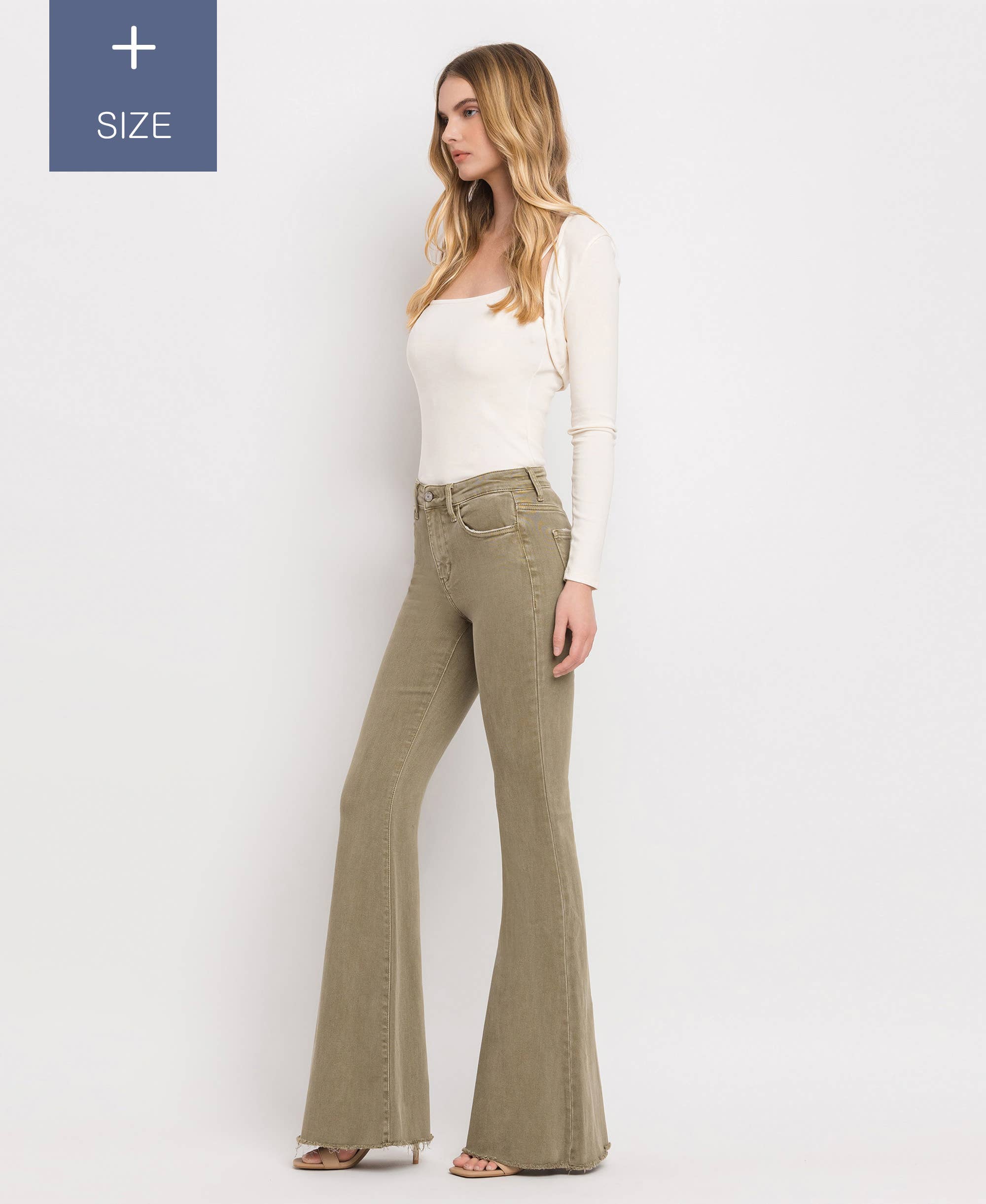 COVERT GREEN PLUS SIZE HIGH RISE SUPER FLARE JEANS V3084CG-P for wholesale on Faire10