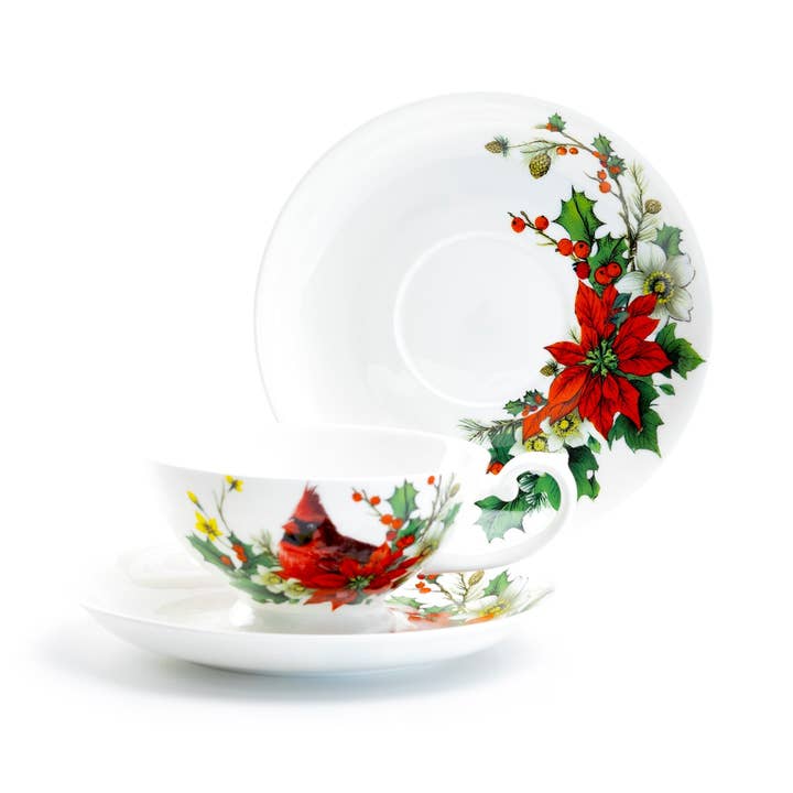 Grace Teaware - Wholesale Coffee/Tea Cup - Cardinal Poinsettia 7oz Bone China Cup and Saucer3