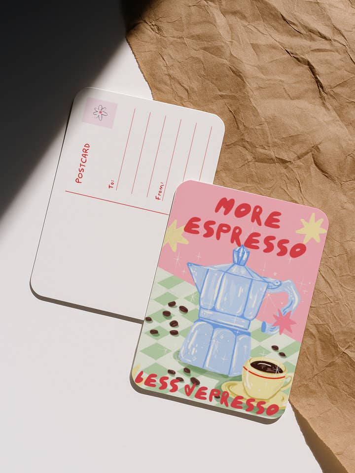 More Espresso Less Depresso - Illustrated Postcard for wholesale by Ziyi Studio