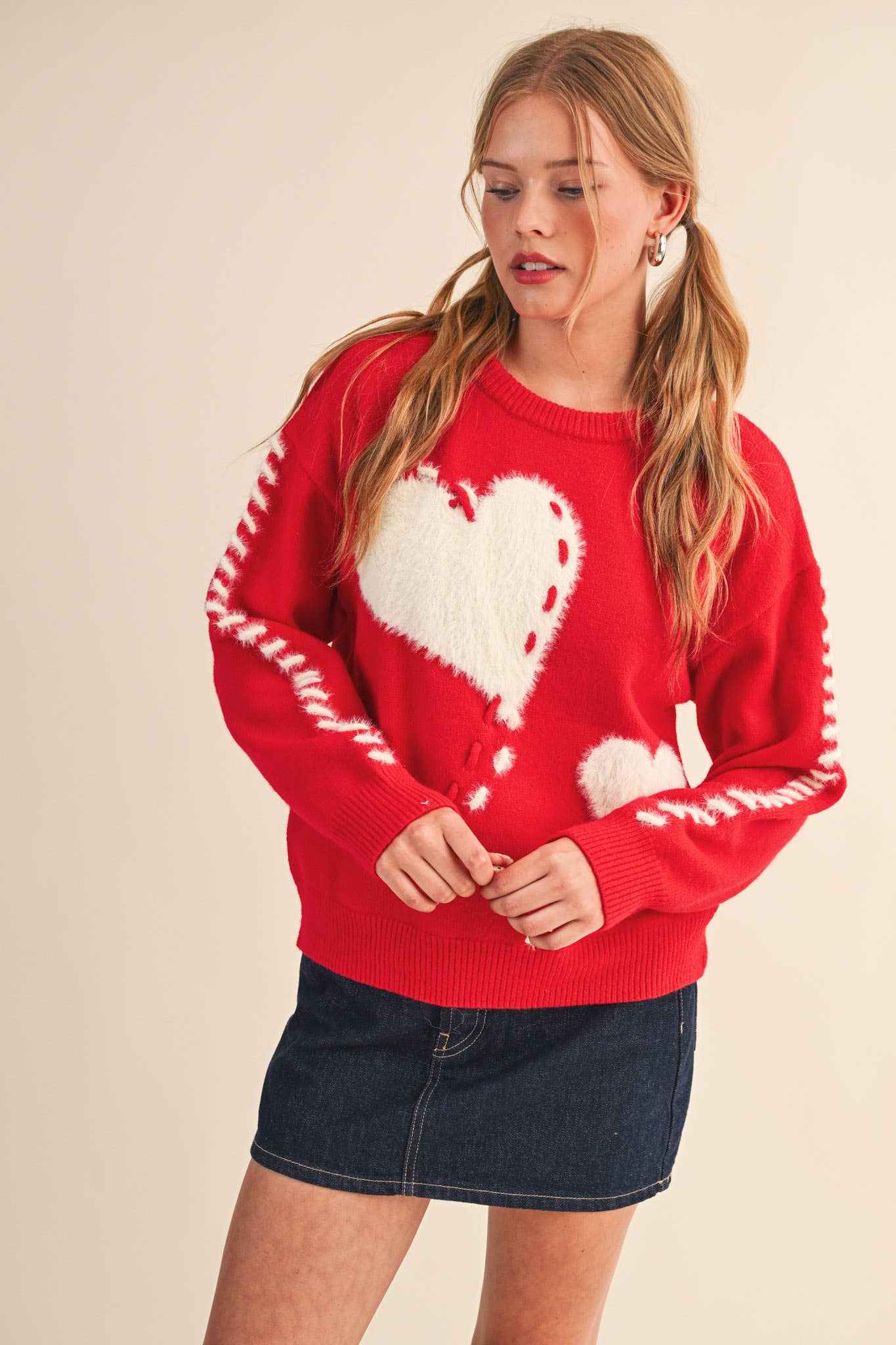 &MERCI - Wholesale Knit Sweater - Women's - FUZZY HEART KNIT SWEATER WITH WHIP STITCH MSW1099020