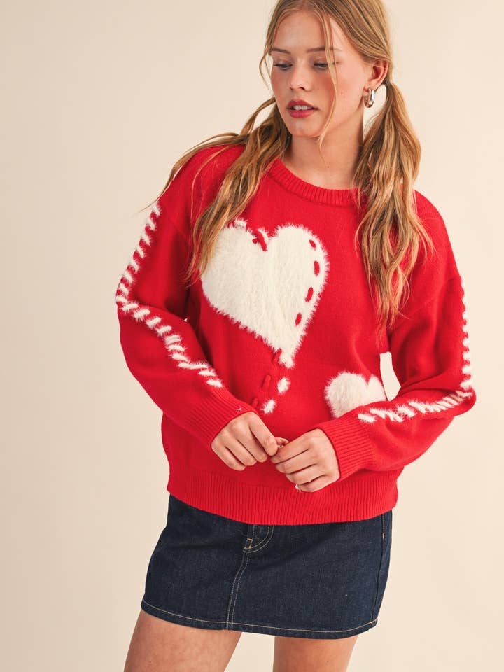 &MERCI - Wholesale Knit Sweater - Women's - FUZZY HEART KNIT SWEATER WITH WHIP STITCH MSW1099020