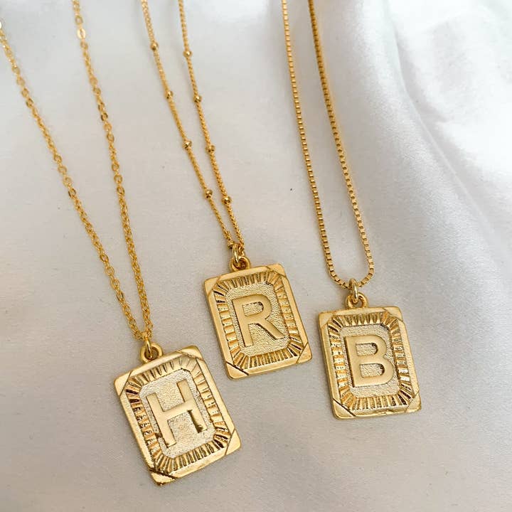 Heather Fearne Jewelry - Wholesale Pendant/Charm Necklace - Gold Initial Letter Pendant Charm Necklace, Rectangular Vintage Monogram on Box Chain, Personalized Name Necklace, Adjustable0