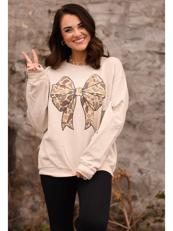 Tan Camo Bow Sweatshirt for wholesale on Faire1