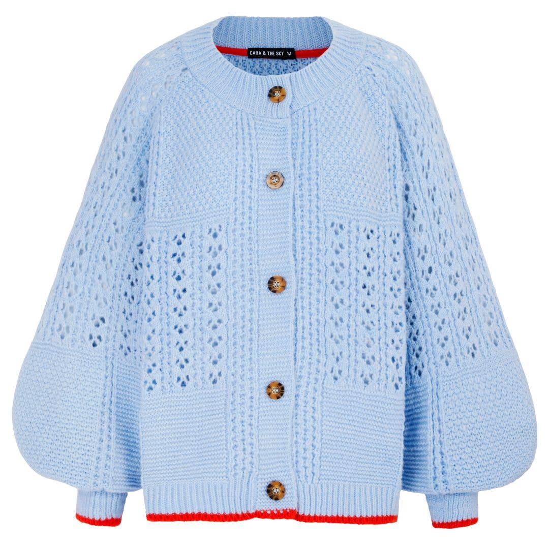 Cara & The Sky - Wholesale Cardigan - Women's - Brigit Pointelle Stitch Balloon Sleeve Cardigan - Blue1