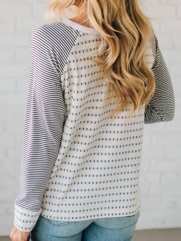 Black Stripe Raglan Patchwork Long Sleeve Tee for wholesale on Faire1