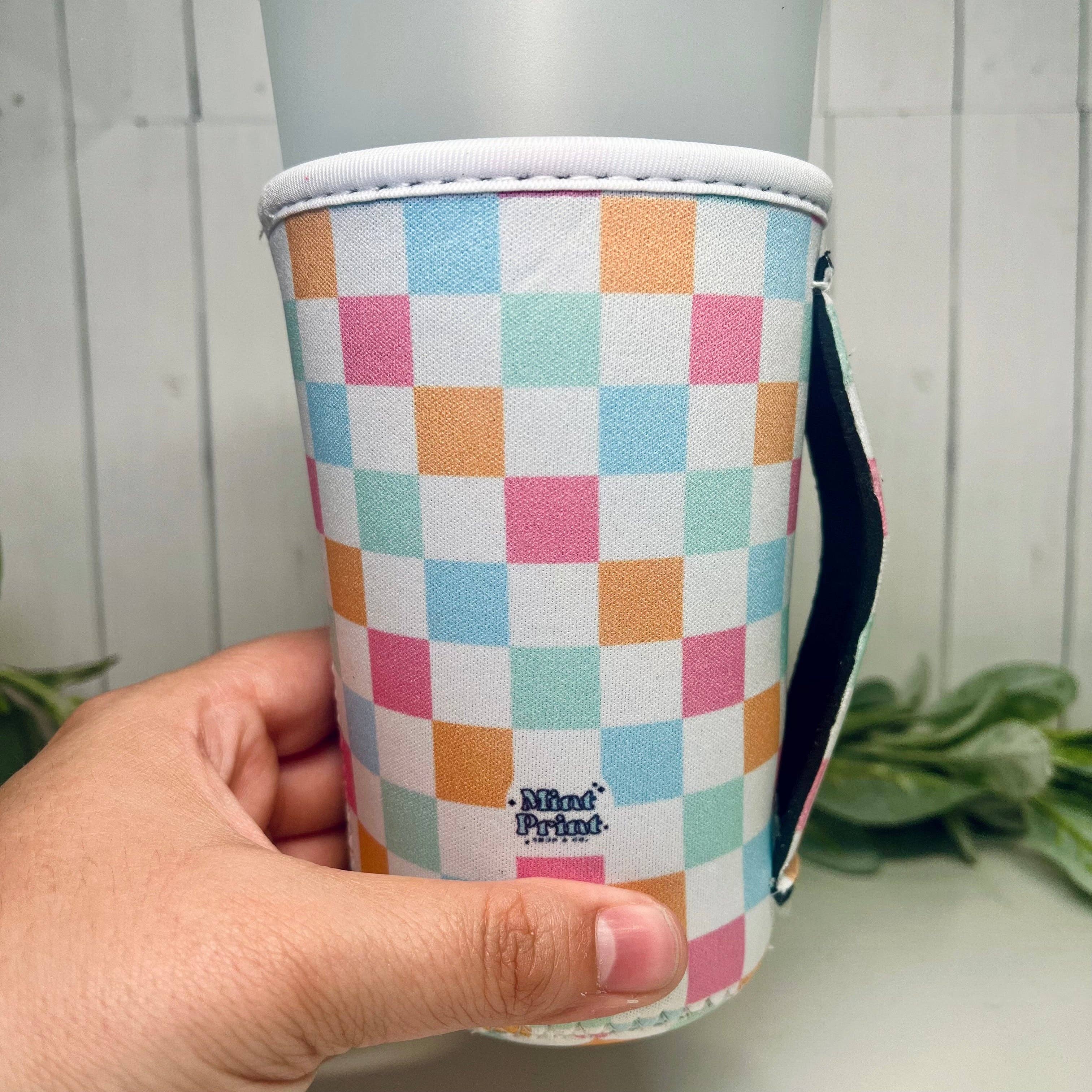Mint Print Shop & Co - Wholesale Drink Huggers & Koozies - Pastel Checkered Drink Sleeve With Handle | Medium3