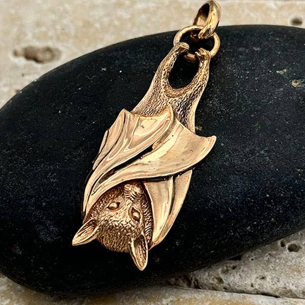 Bronze Hanging Bat Pendant, Large for wholesale by Goddess Design Studio