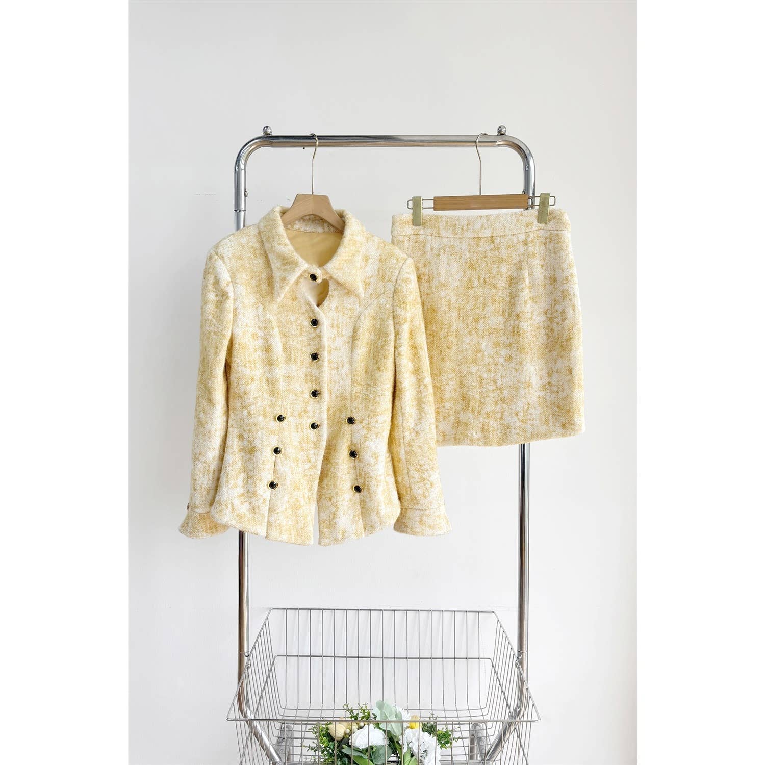 YELLOW X9542CS Tweed Blazer Skirt Set for wholesale on Faire1