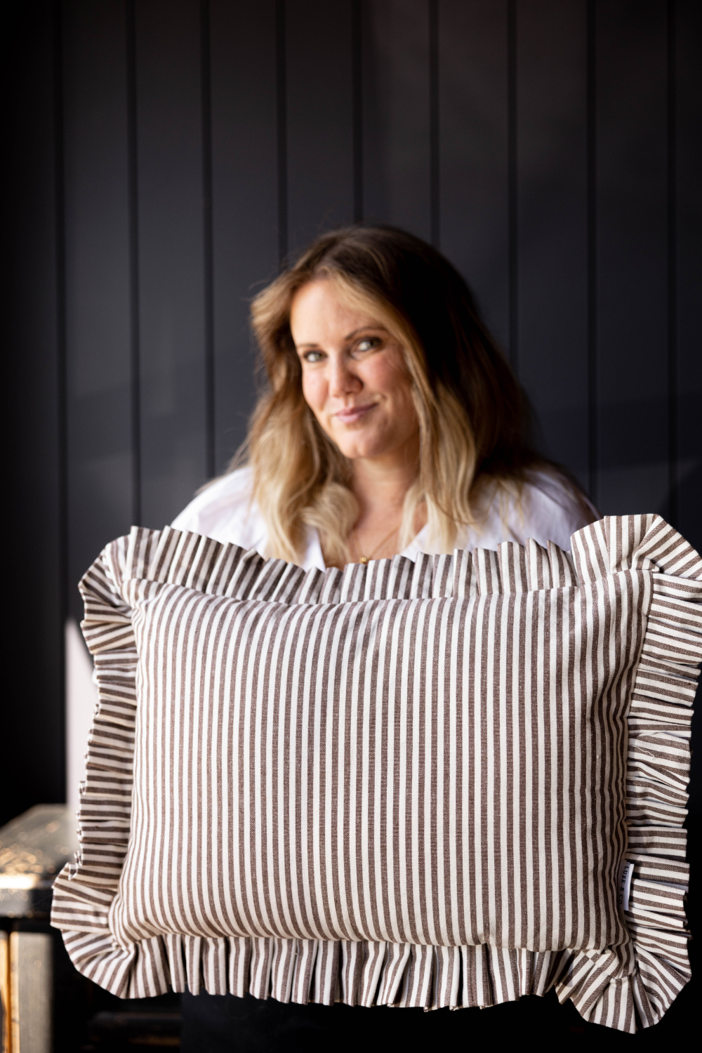 Luxe B Co - Wholesale Throw Pillow Cover - Ruffle Lumbar Pillow Cover Brown White Stripes6