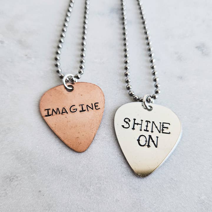 Meg's Recycled Guitar - Wholesale Pendant/Charm Necklace - PERSONALIZED GUITAR PICK NECKLACE - STAMPED CUSTOM MESSAGE