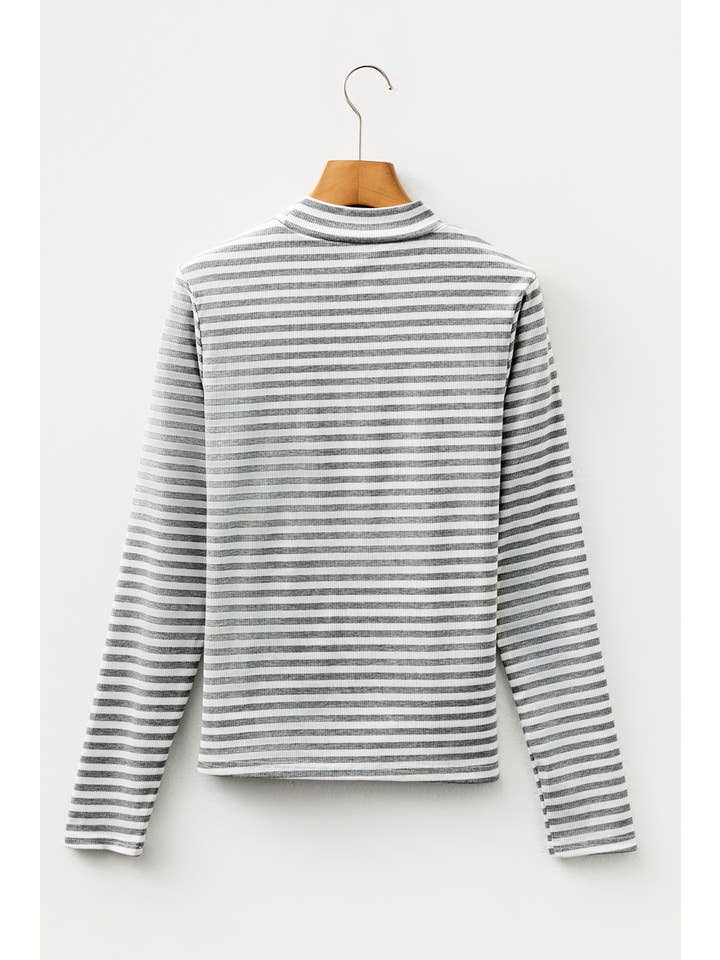 Gray Stripe Ribbed Mock Neck Slim Fit Long Sleeve Top for wholesale on Faire4