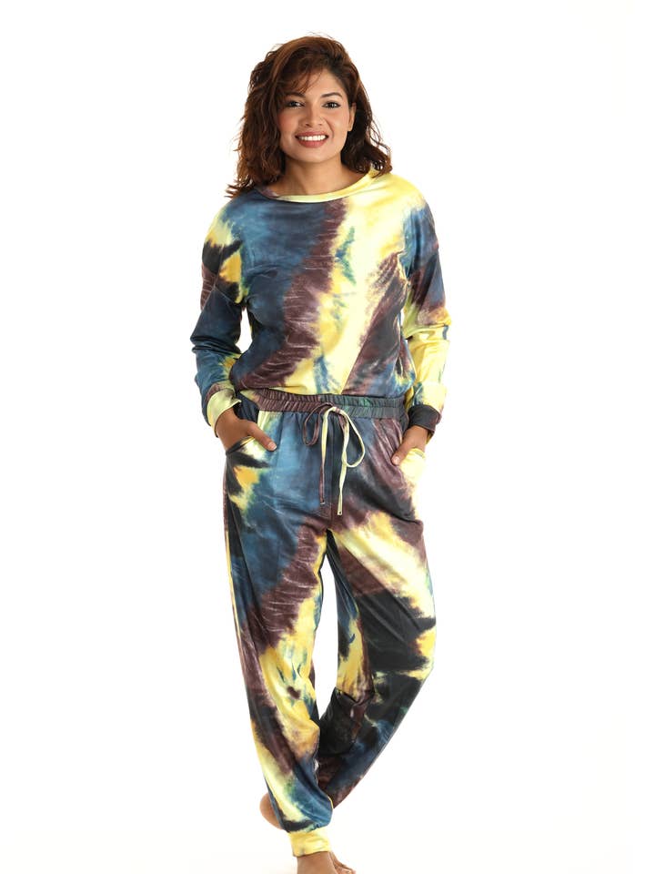 Shoreline Wear. INC - Wholesale Lounge Set - Women's - Blue & Gold Tie-Dye Long-Sleeve Crewneck Top & Joggers