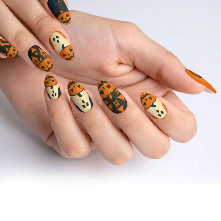 Græskar Patch Halloween Press-On Negle for engroshandel hos FYNE BODY