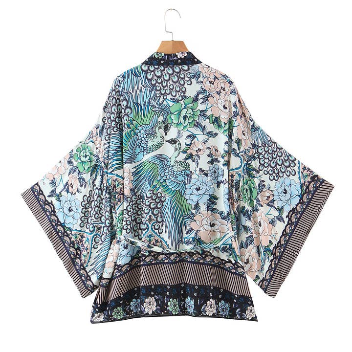 Rosa Clothing - Vente Kimono – femme - Kimono à nouer à la taille avec imprimé paon de plage bohème vibrant1
