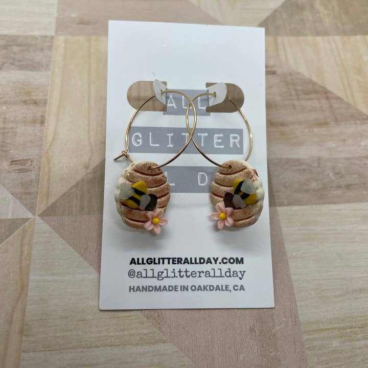 All GlitterAll Day - Wholesale Dangle Earrings - Bumble bee hive bee skep hoop dangle earring