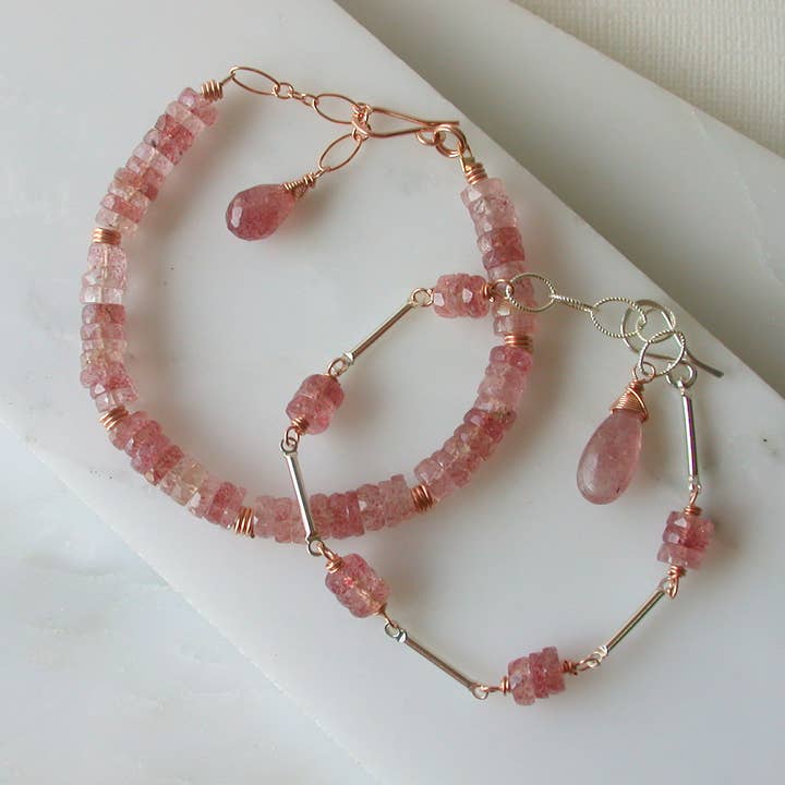 Linda Trent Jewelry - Wholesale Link & Chain Bracelet - Strawberry Quartz Bar & Link Bracelet. Mixed Metal Bracelet