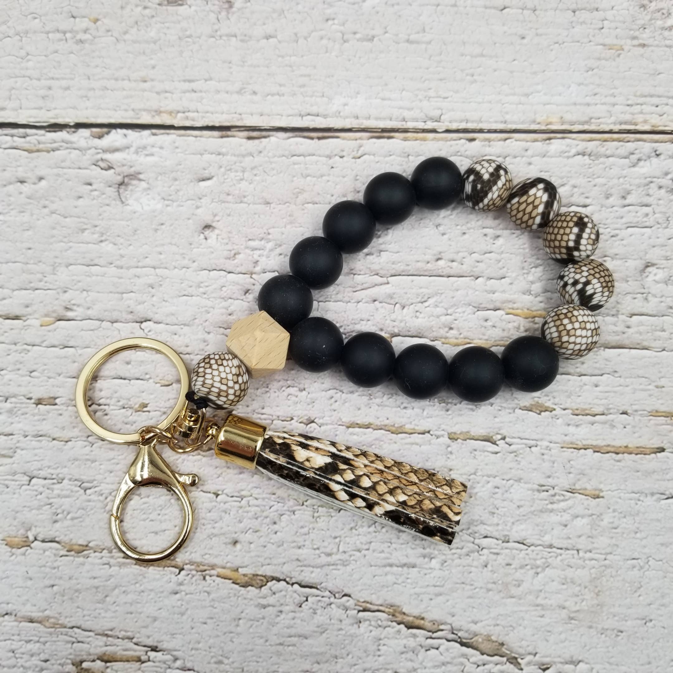 Treasure Wholesale - Wholesale Keychain Bracelet - Leopard Tassels Wood Bead Bangle Keychain3