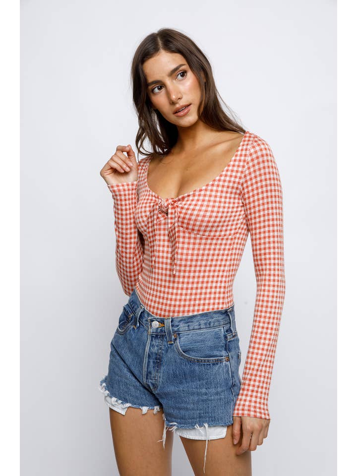 Red Check BT2472- Gingham Print Bow Bodysuit for wholesale on Faire