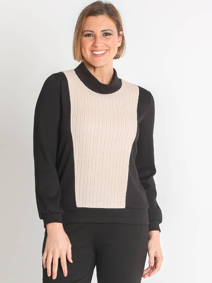 LOURDES CASTILLO - Wholesale T-Shirt - Women's - 372264L ROMA KNIT SWEATSHIRT WITH CABLE FRONT PANEL