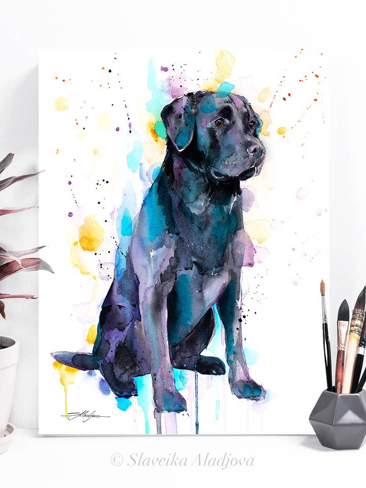 Labrador noir, aquarelle, chien, animal de compagnie mignon pour la vente par Slaveika Aladjova