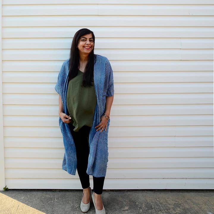 Indo Stripe Indigo Kimono/Robe Kaftan Home Beach Coverup for wholesale by Ichcha