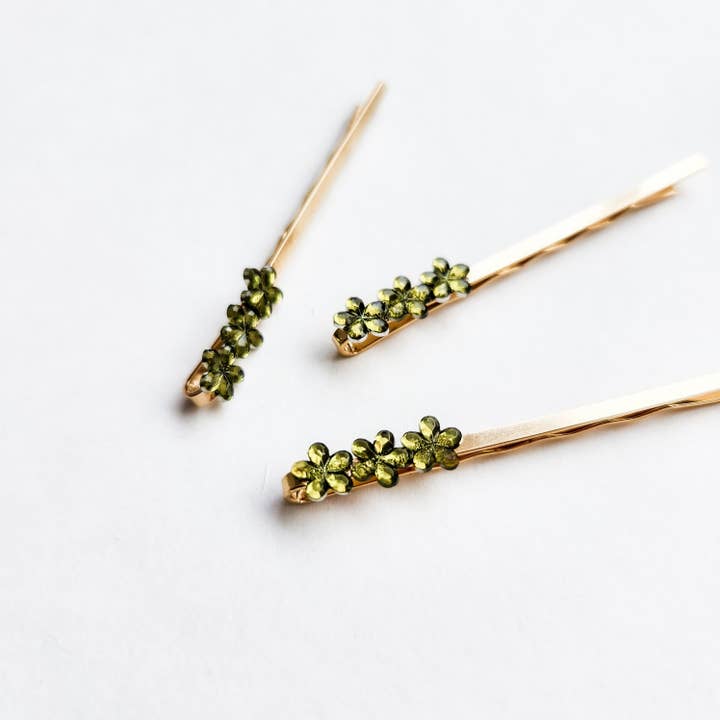 Priscilla Olive Green Retro Flower Rhinestone Hair Pins / Bobby Pins for wholesale by Lovesick Rebel