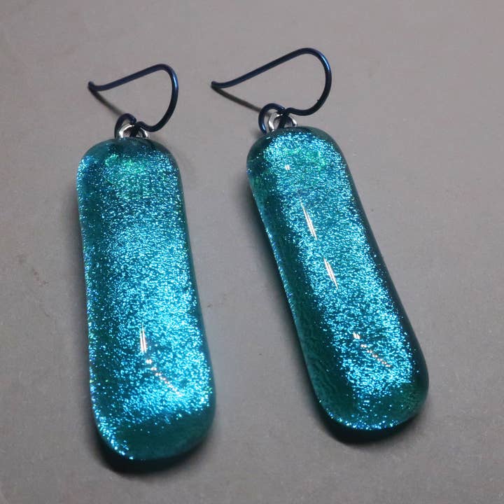 2" long Turquoise Fused dichroic glass Niobium earrings for wholesale by McCray Studios