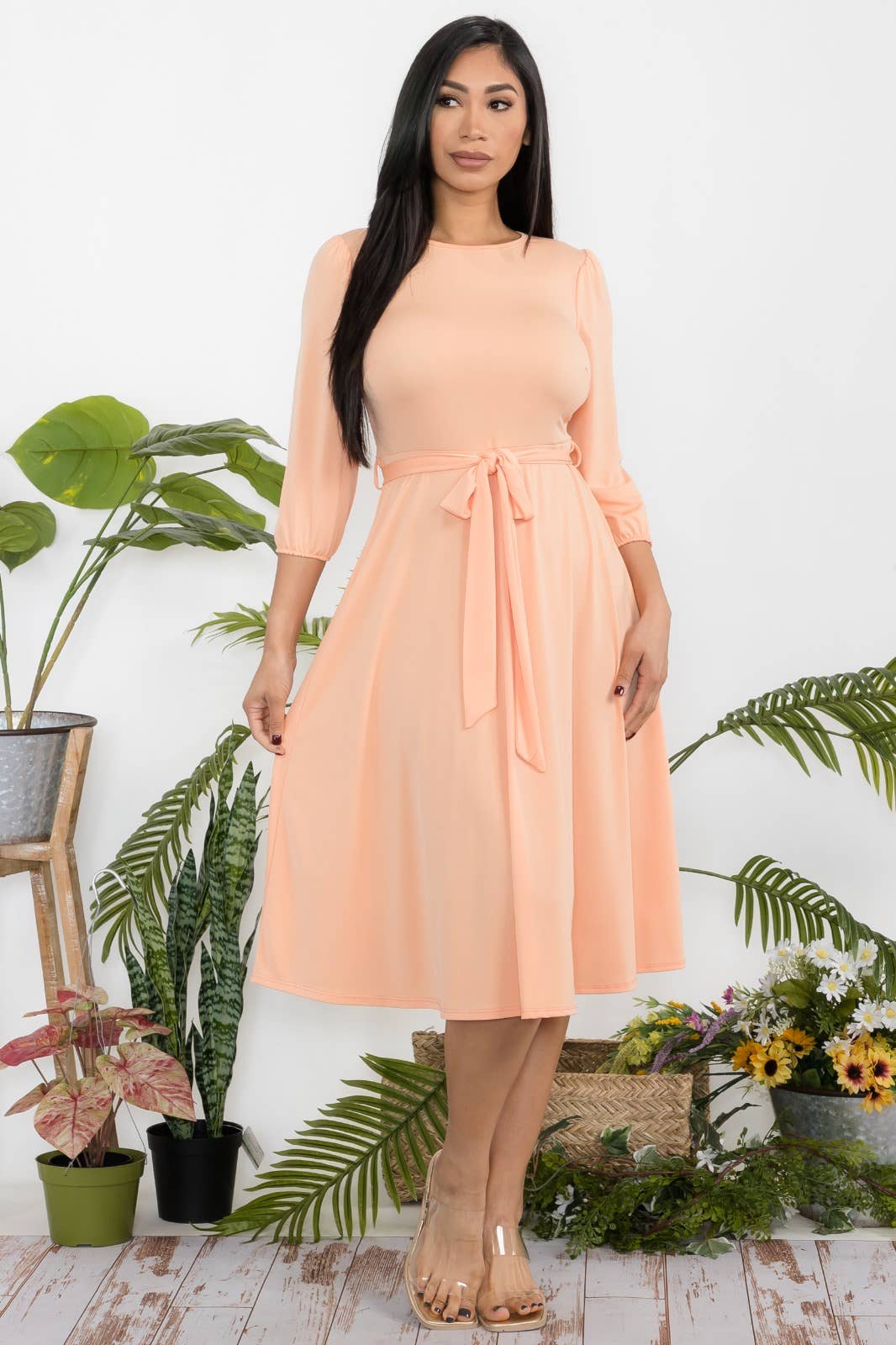 H&H Fashion Inc. – Großhandel Kleid – Damen – HH583X-S Plus Size Midi-Kleid mit Bindegürtel, Puffärmeln & Schlüsselloch-Ausschnitt37