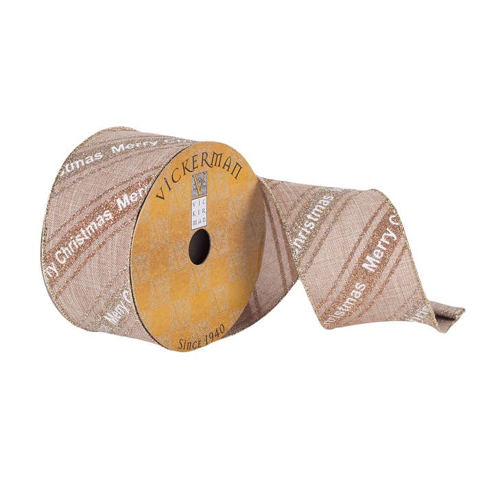 Vickerman 2.5"x10yd Beige Glitter Merry Xmas for wholesale by Vickerman