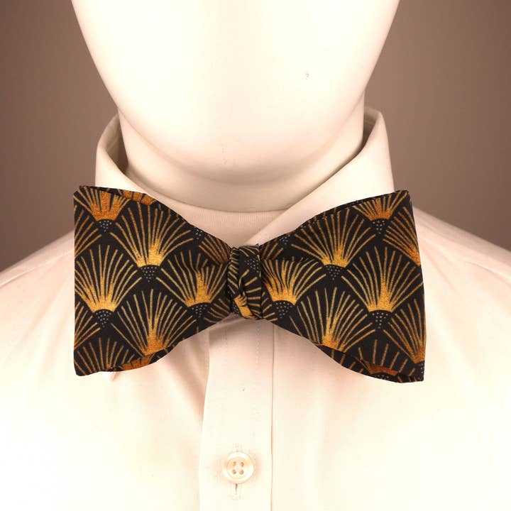 Dapper & Suave - Wholesale Bow Tie - Men's - Art Deco Black Gold Print Cotton Self Tie Bow Tie