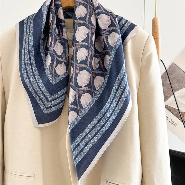 SueSilkHK – wholesale Scarf – Women's – 65cm Blue Lily of the Valley Mulberry Silk Scarf – Elegant Square Silk Shawl for Women, Fresh & Versatile Accessory6