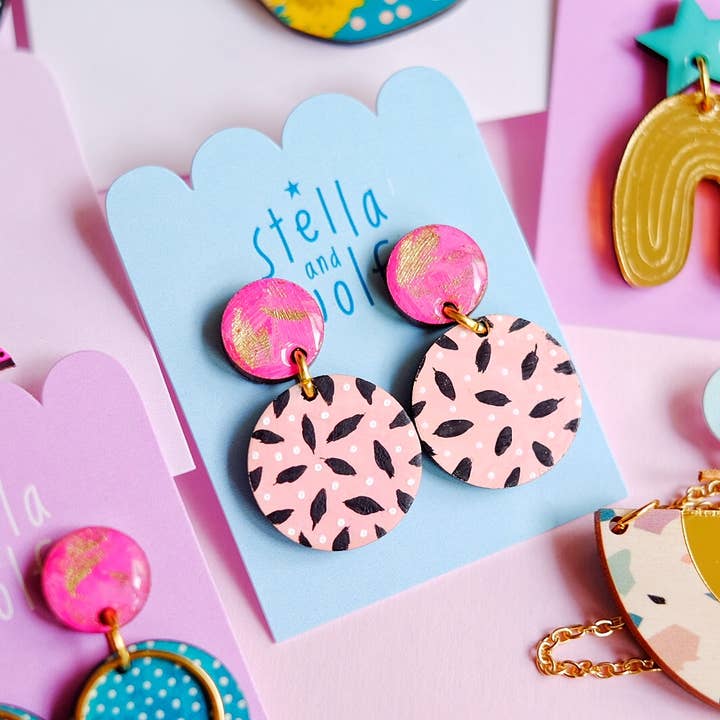 Pink retro style drop earrings, fashion statement earrings, for wholesale by Stella and Wolf