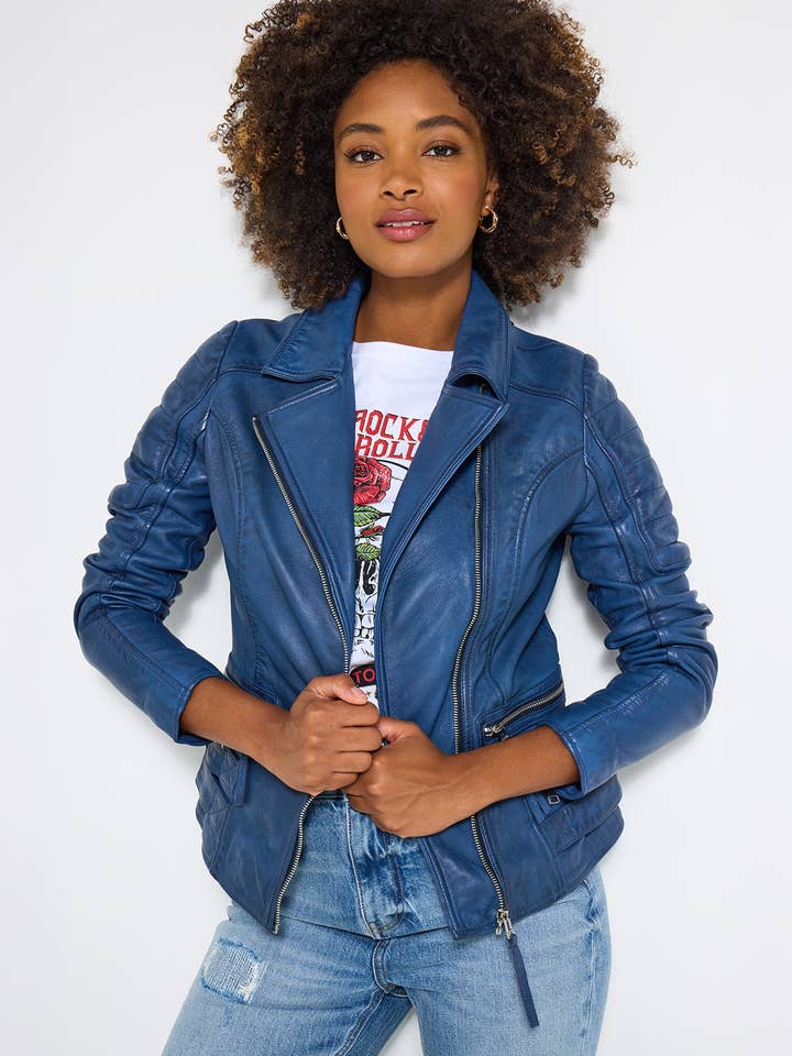 Azul Casaco de Cabedal Azul Rubi com Gola de Motociclista para venda a revendedores na Faire0