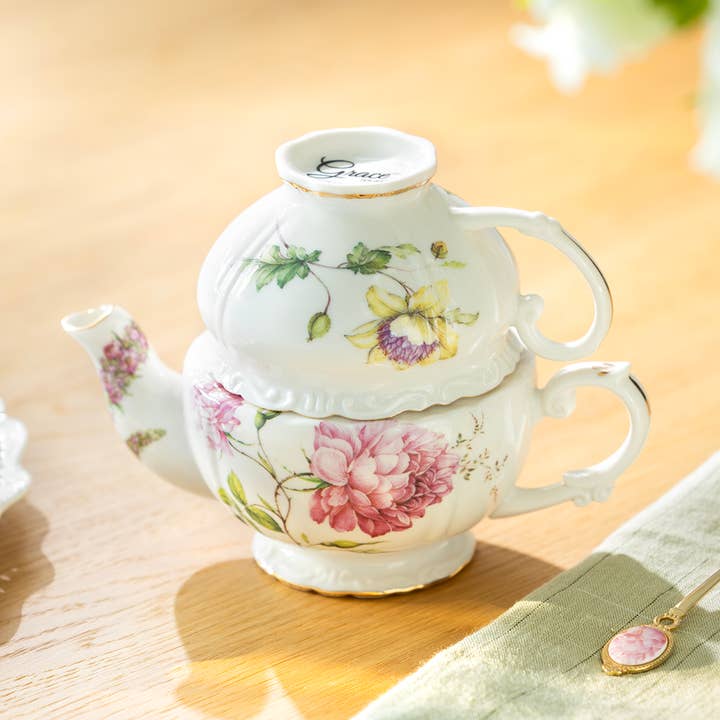 Pink Peony Bloom Fine Porcelain Tea For One Set for wholesale by Grace Teaware