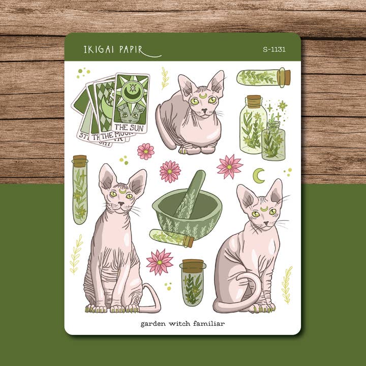 Klistermærkeark med Garden Witch Twins' Sphynx-katte for engroshandel hos Ikigai Papir