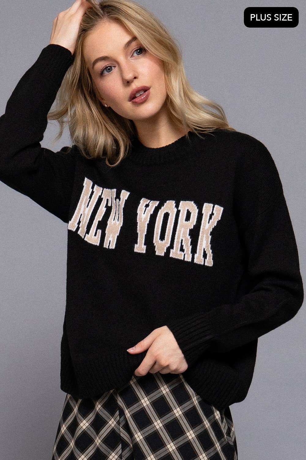 Active Basic | Active USA - Wholesale Knit Sweater - Women's - Long Sleeve Crew Neck "NEW YORK" Lettering Sweater Top1
