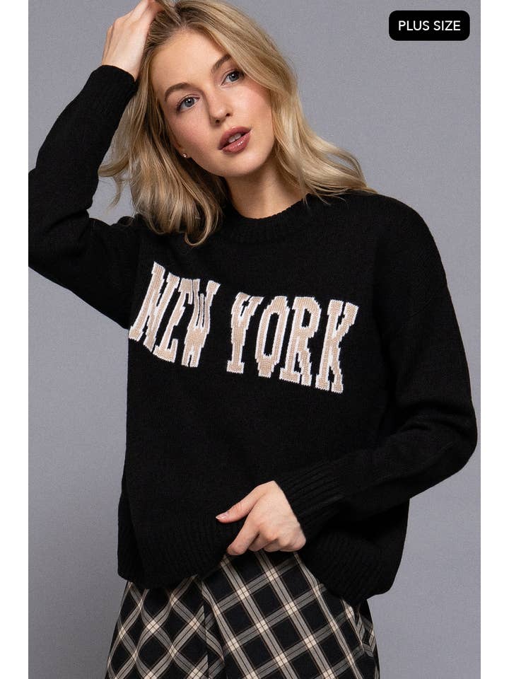 Active Basic | Active USA - Wholesale Knit Sweater - Women's - Long Sleeve Crew Neck "NEW YORK" Lettering Sweater Top1
