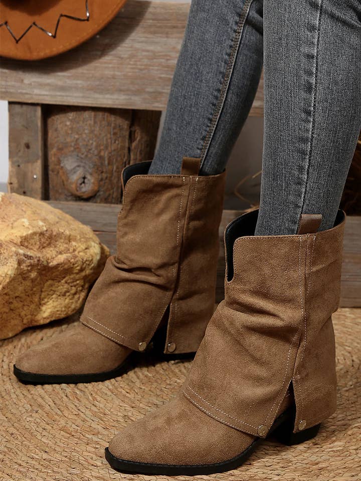 Brown Faux Suede Overlay Point Toe Block Heel Boots for wholesale by Lovesoft