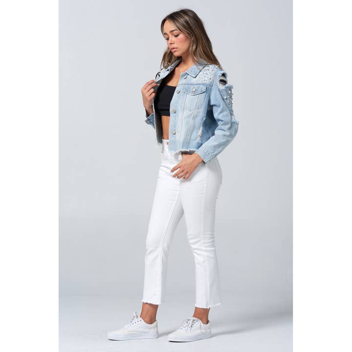 Blue Turtle – wholesale Denim jacket – Women's – Slay Em Distressed Pearl and Rhinestone Denim Jacket Black13