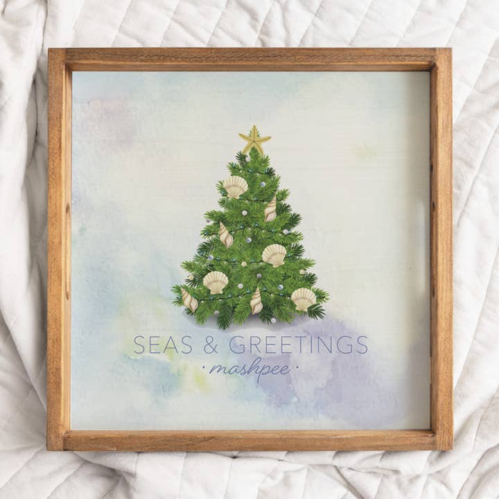 Personalized Coastal Christmas Tree Wooden Tray for wholesale by Rustic Marlin
