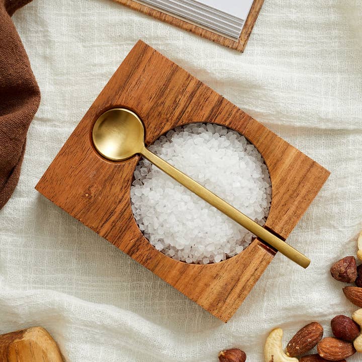 Bea Acacia Seasoning Pot with Brass Spoon for wholesale by What a Host Home