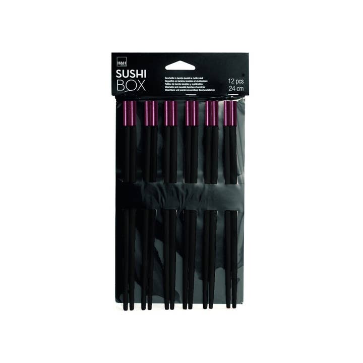 H&H – Großhandel Essstäbchen – Verpackung mit 6 Paar Sushi-Stäbchen aus schwarzem Bambus, 24 cm