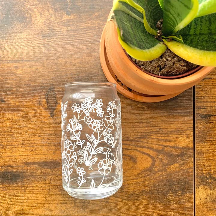 MarieDesignCo - Wholesale Drinking Glass/Cup - Floral coffee cup, 16 oz pint, glass can coffee cup4