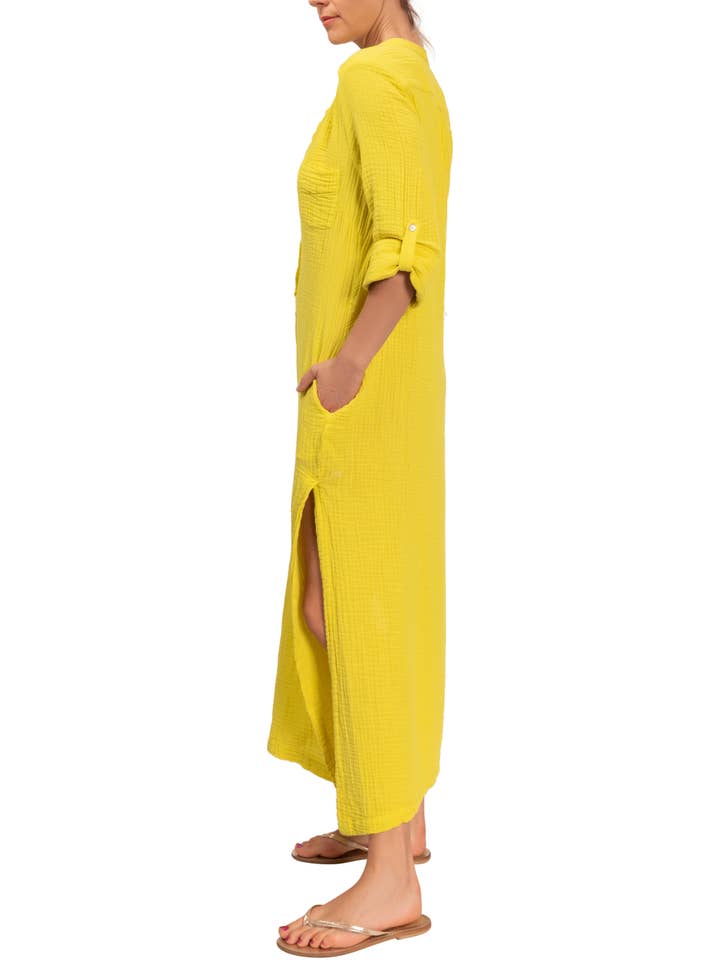 Everyday Ritual - Wholesale Kaftan - Dames - Tracey Caftan - Chartreuse katoenen bubbelgaas3