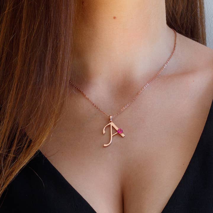 Thesoftcheek Jewelry – wholesale Hänge-/berlockhalsband – Initialbokstav Halsband Silver Roséguld Vermeil - Rosa Topas