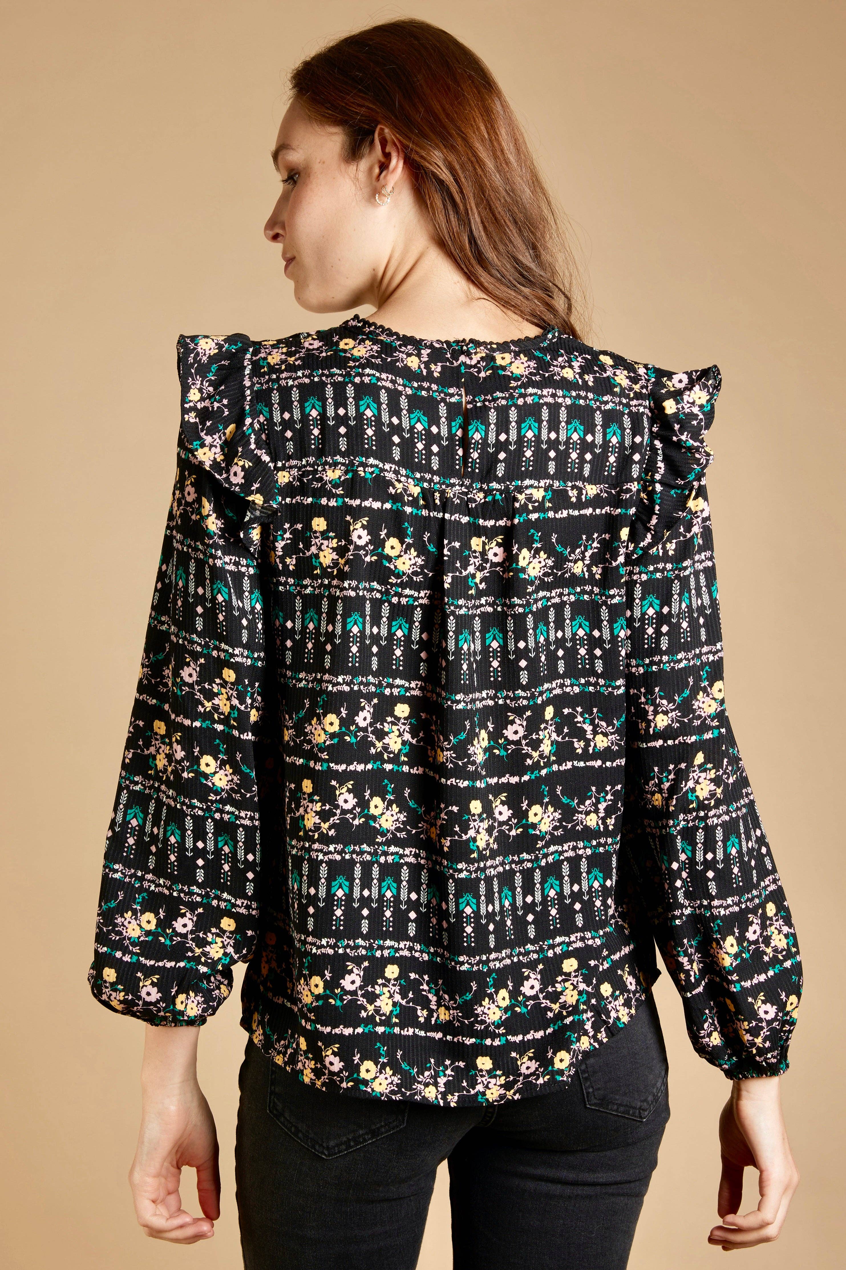 BLACK CELINA - Printed blouse with ruffles for wholesale on Faire2