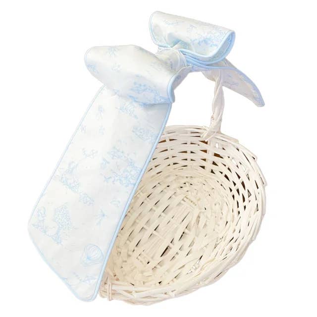 Blue Toile with Blue Coring Basket Bow for wholesale by The Bow Next Door