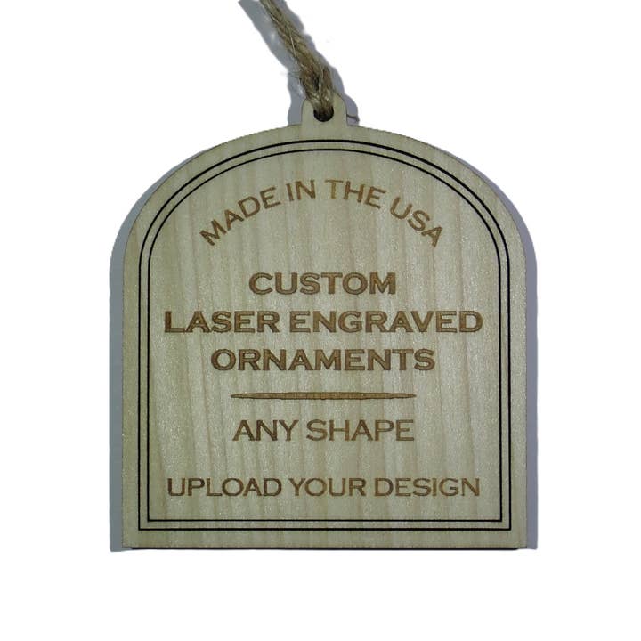 Custom laser engraved wood ornaments for wholesale by River's Edge Gourmet Foods