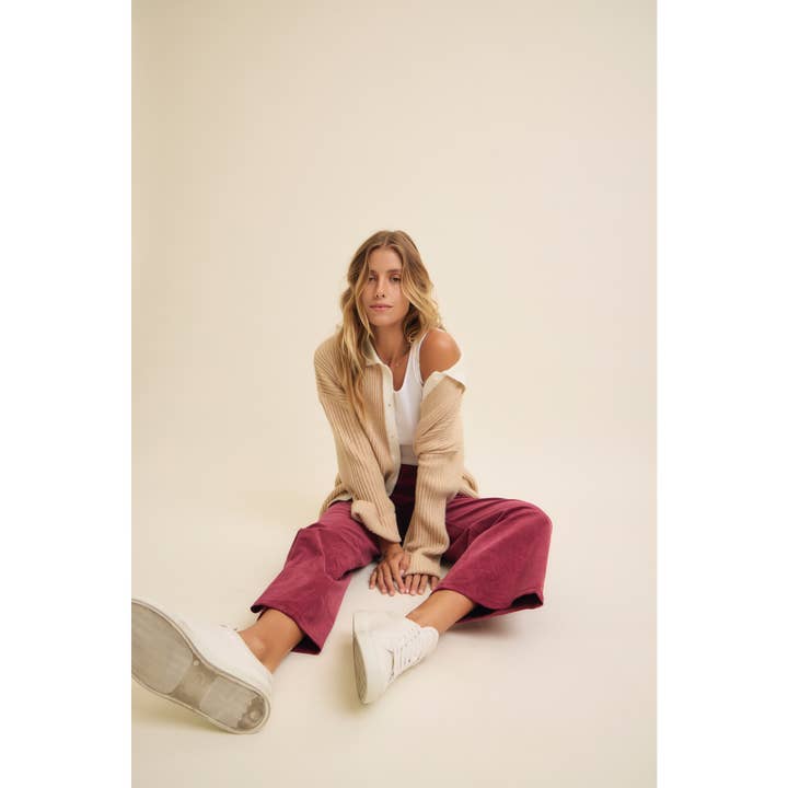 BEIGE TWO TONE RIB SWEATER CARDIGAN WITH CONTRAST COLLAR for wholesale on Faire